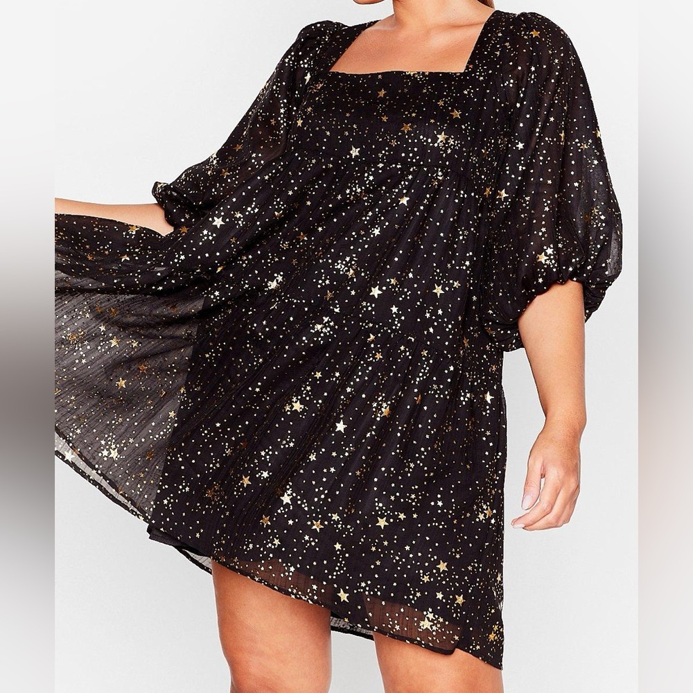 Nasty Gal Black & Gold Puff Sleeve Trapeze Star Mini Dress